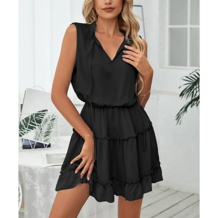 Kadın V Yaka Eteği Volanlı Ipek Ayrobin Kumaş Elbise