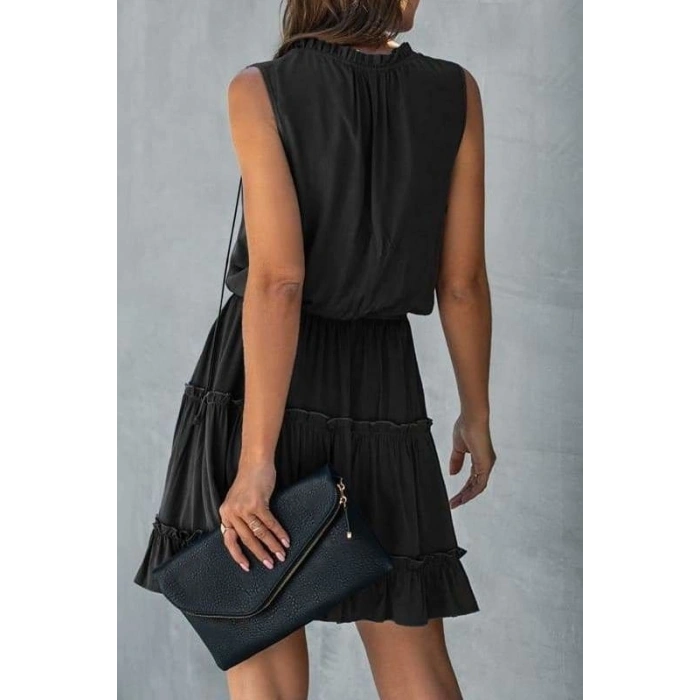 Kadın V Yaka Eteği Volanlı Ipek Ayrobin Kumaş Elbise