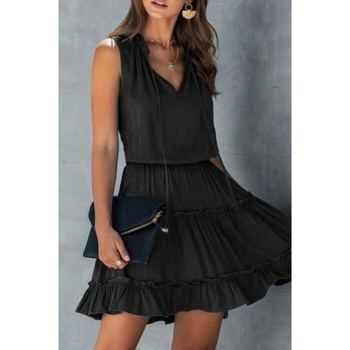 Kadın V Yaka Eteği Volanlı Ipek Ayrobin Kumaş Elbise