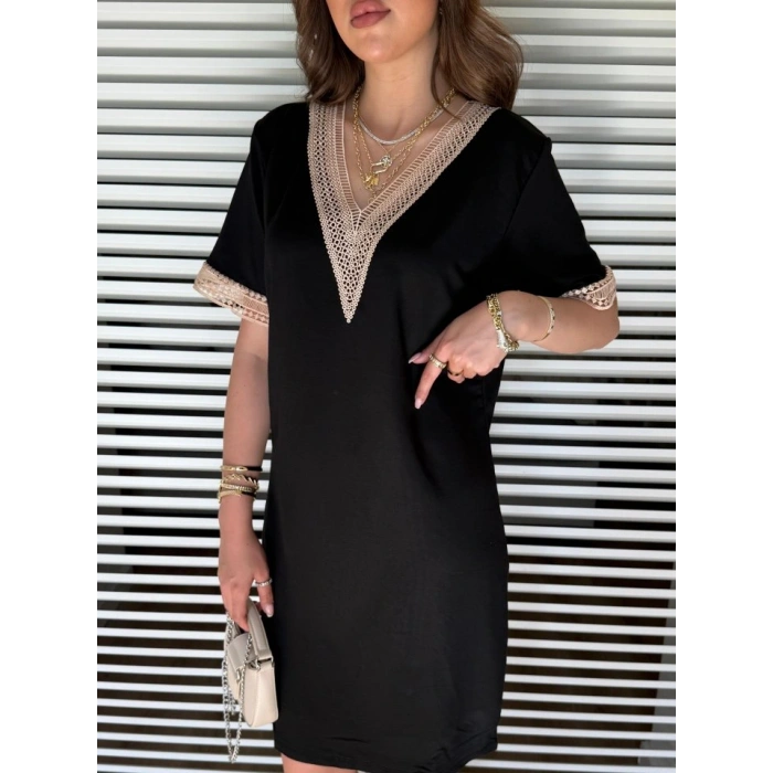 Kadın V Yaka Güpürlü İki İplik Elbise