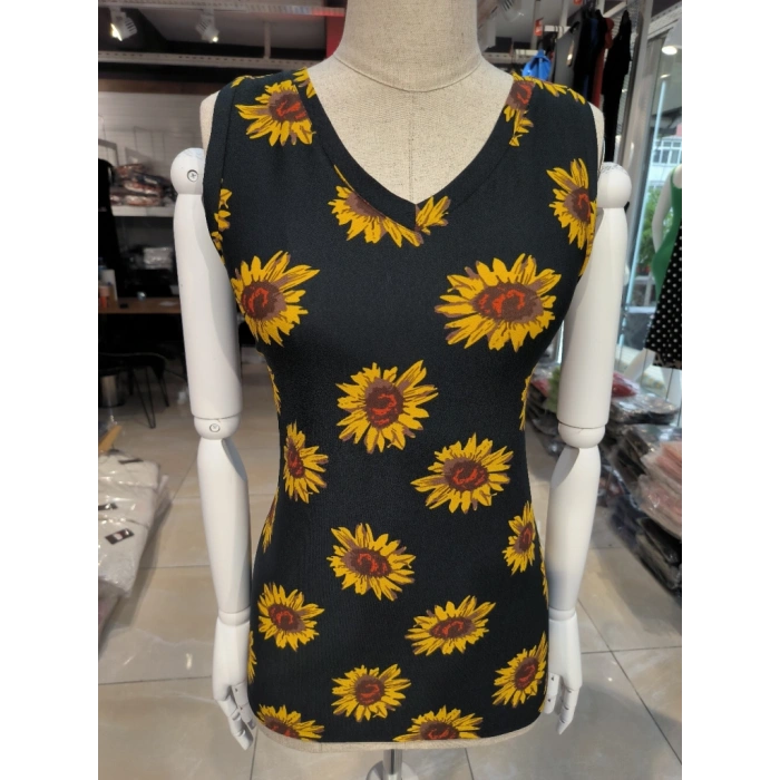 Kadın V Yaka Kolsuz Ayçiçeği Desen Krep Bluz