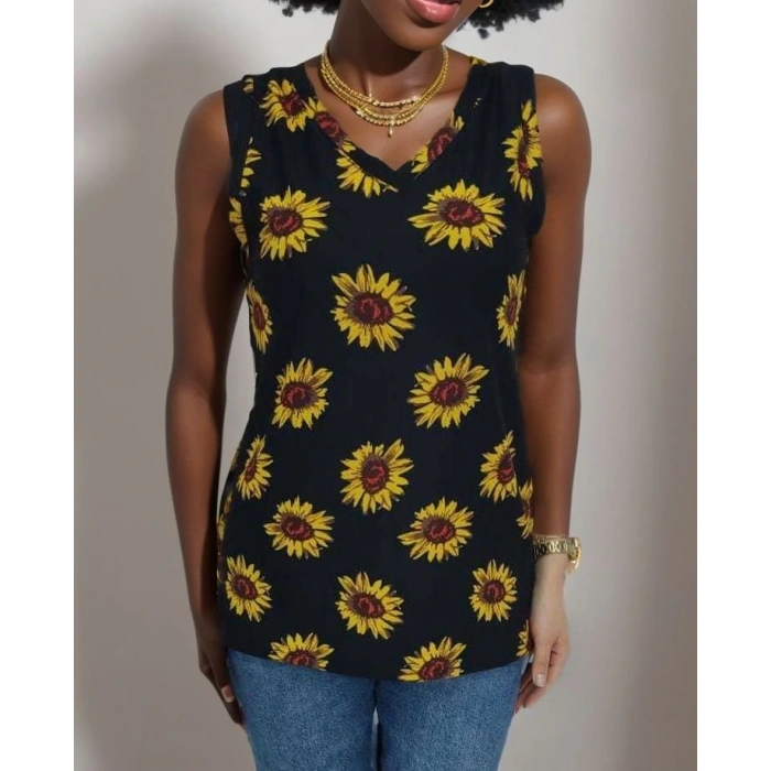 Kadın V Yaka Kolsuz Ayçiçeği Desen Krep Bluz