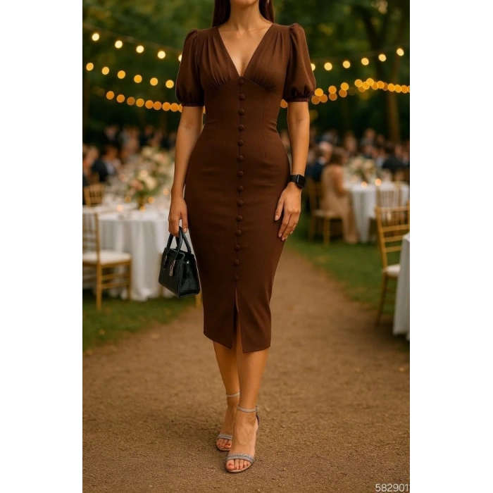 Kadın V Yaka Önü Düğmeli ırt Pencere Dekolte Elbise