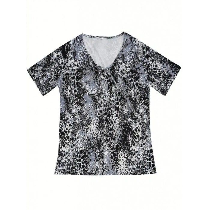 Kadın V Yaka Renkli Leopar Desen Büzgü Detay Süprem Bluz
