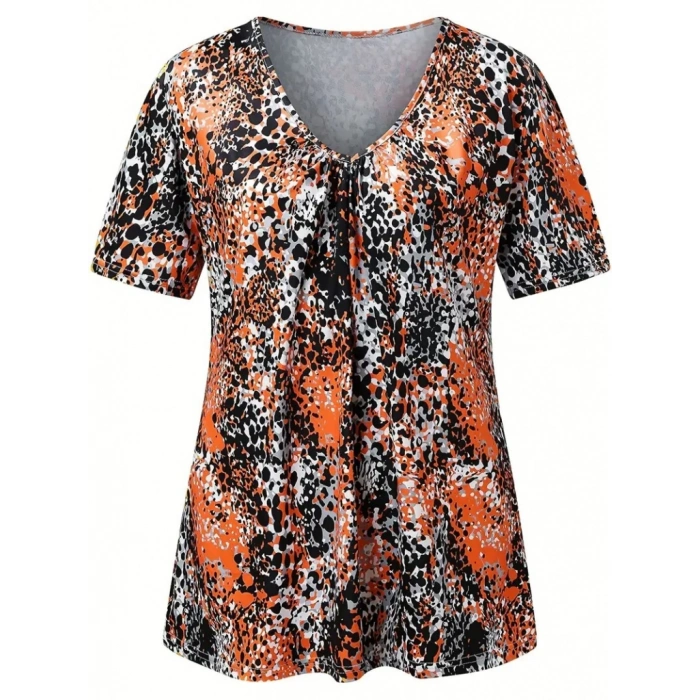 Kadın V Yaka Renkli Leopar Desen Büzgü Detay Süprem Bluz