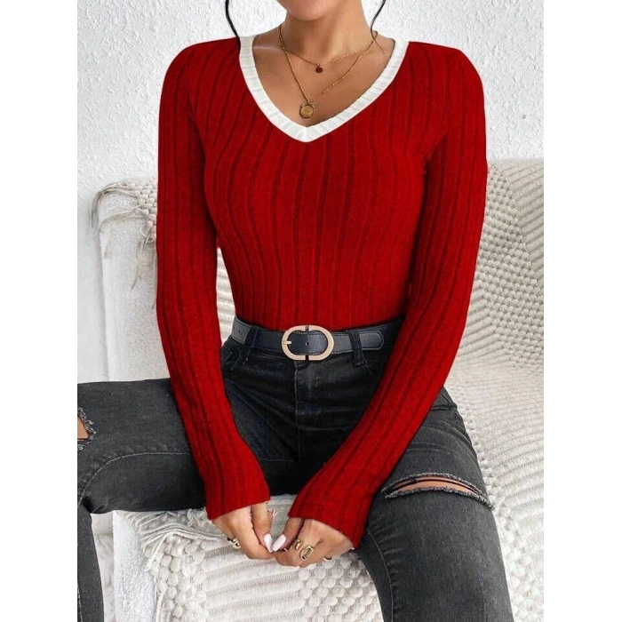 Kadın V Yaka Ribana Ve Garni Detay ardonlu Kaşkorse Kumaş Bluz