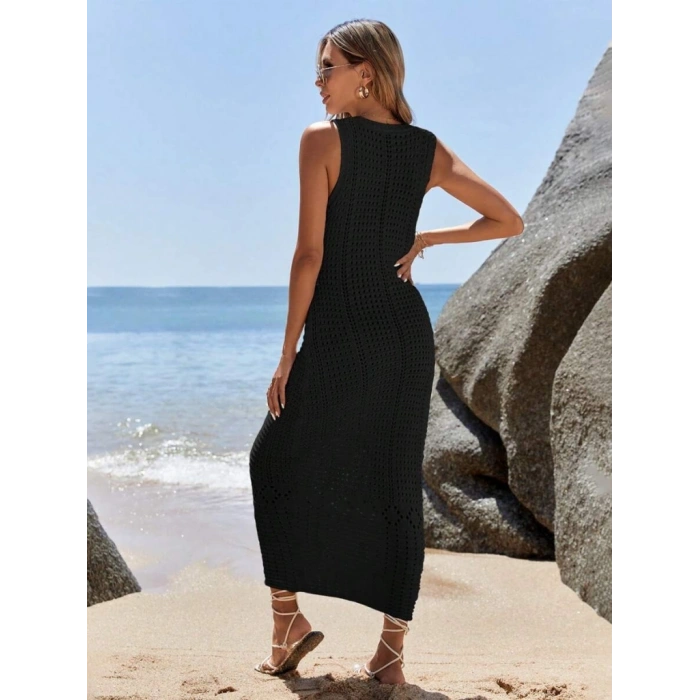 Kadın V Yaka Tam Askılı Tam Boy Ajurlu Triko Elbise