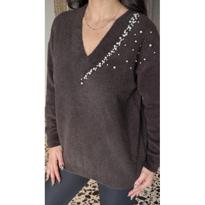 Kadın V Yaka Uzun Kollu Inci Detay Triko Bluz