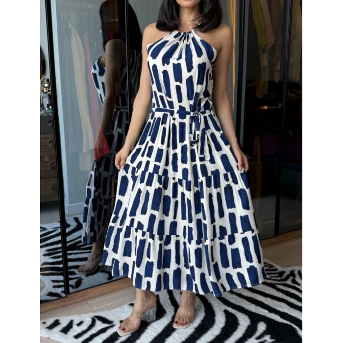 Kadın Viskon Kumaş Ip Askılı Halter Yaka Cepli idi Boy Elbise