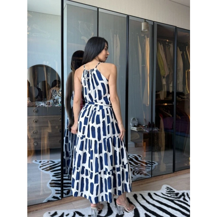 Kadın Viskon Kumaş Ip Askılı Halter Yaka Cepli idi Boy Elbise