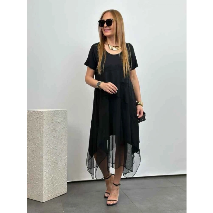 Kadın Viskon Kumaş Tül Detaylı Asimetrik Elbise
