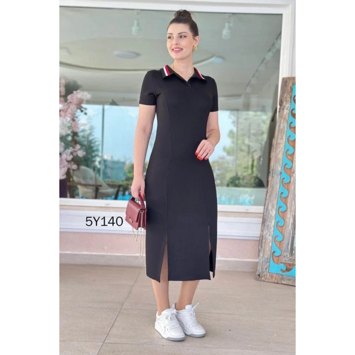 Kadın Yaka Ribanalı Çift Yırtmaçlı Elbise