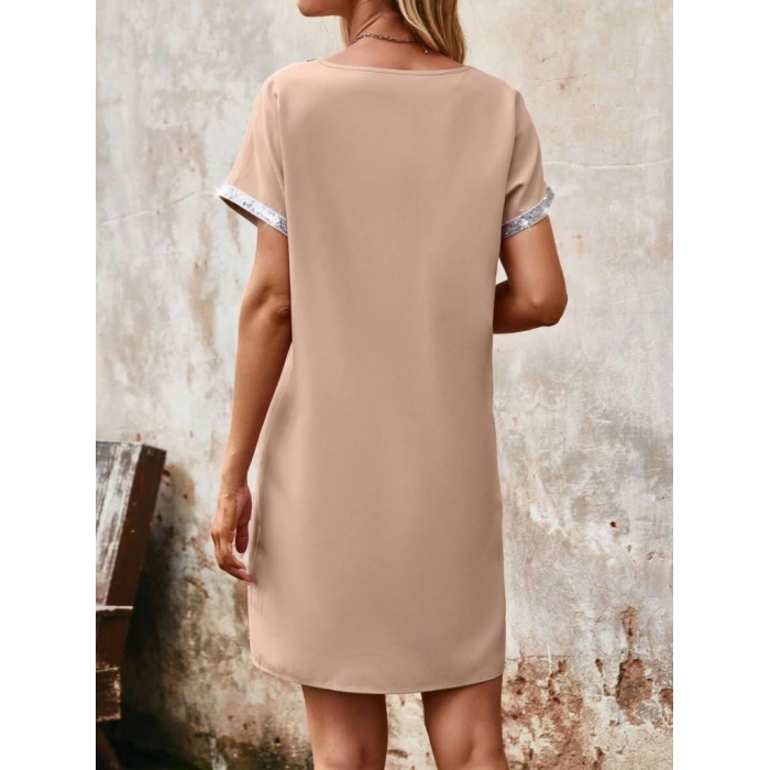 Kadın Yaka Ve Kol Pul Payet şeritli Ithal Krep Elbise