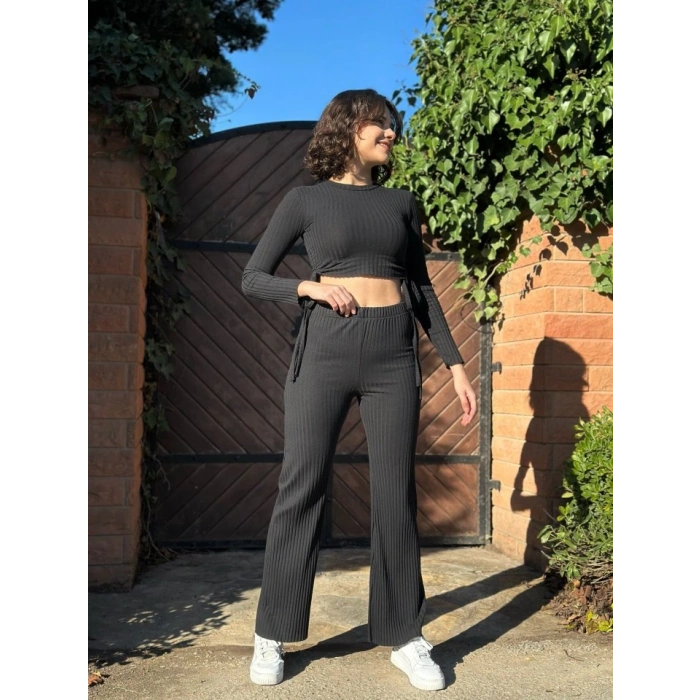 Kadın Yandan Bağlamalı Geniş Paçalı Fitil Kaşkorse İkili Takım