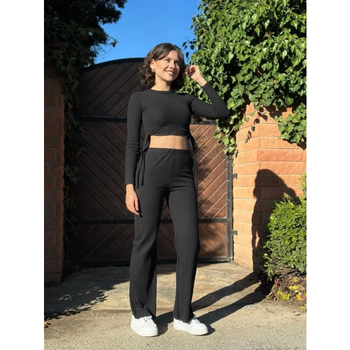 Kadın Yandan Bağlamalı Geniş Paçalı Fitil Kaşkorse İkili Takım