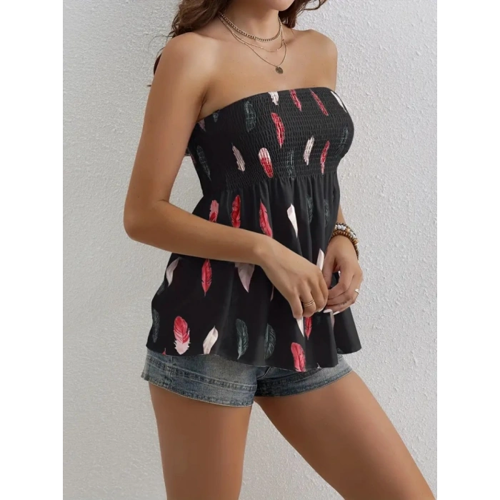 Kadın Yaprak Desenli Göğsü Gipeli Mosskrep Straplez Bluz