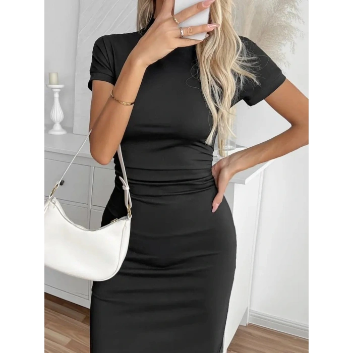 Kadın Yarı Balıkçı Yaka Yırtmaçlı Dalgıç Midi Elbise