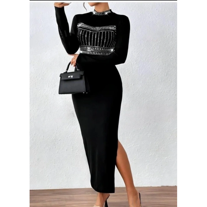 Kadın Yarım Balıkçı Yaka Taş Işemeli Bacak Dekolteli axi Boy Elbise