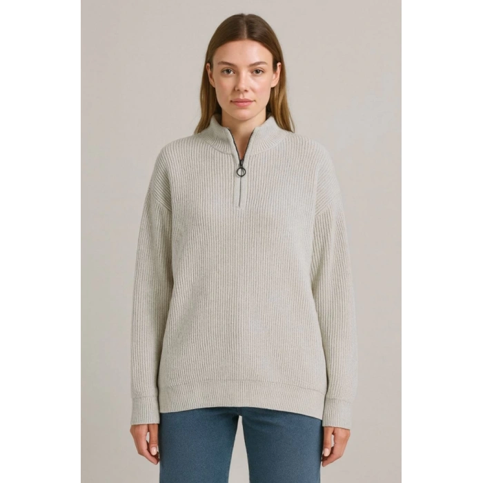 KADIN Yarım Fermuarlı Triko Kazak – elanik Örgü, Dik Yaka, Pamuklu Dokuma, Oversize Uzun Kollu Kışlık odel  Gri