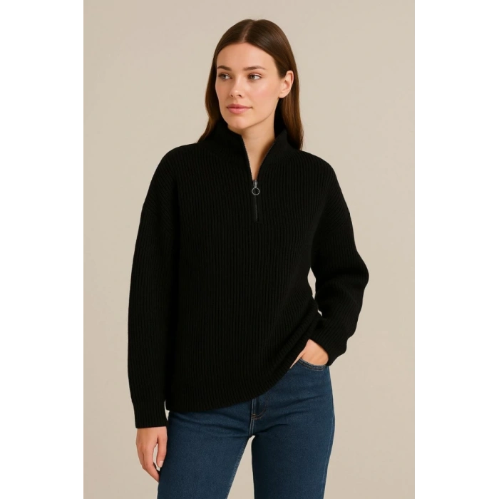 KADIN Yarım Fermuarlı Triko Kazak – elanik Örgü, Dik Yaka, Pamuklu Dokuma, Oversize Uzun Kollu Kışlık odel  iyah