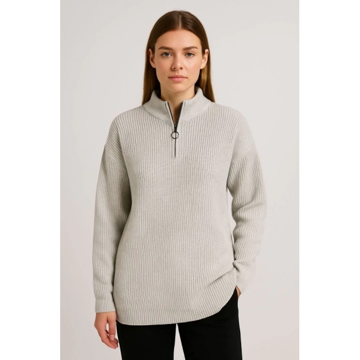 KADIN Yarım Fermuarlı Triko Kazak – elanik Örgü, Dik Yaka, Pamuklu Dokuma, Oversize Uzun Kollu Kışlık odel  Gri