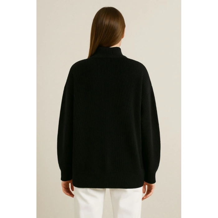 KADIN Yarım Fermuarlı Triko Kazak – elanik Örgü, Dik Yaka, Pamuklu Dokuma, Oversize Uzun Kollu Kışlık odel  iyah