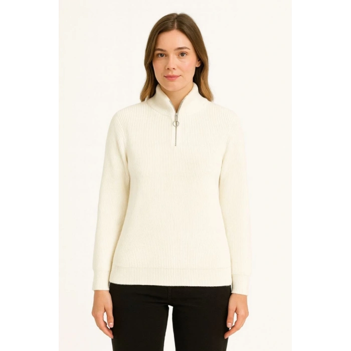 KADIN Yarım Fermuarlı Triko Kazak – elanik Örgü, Dik Yaka, Pamuklu Dokuma, Oversize Uzun Kollu Kışlık odel  Beyaz