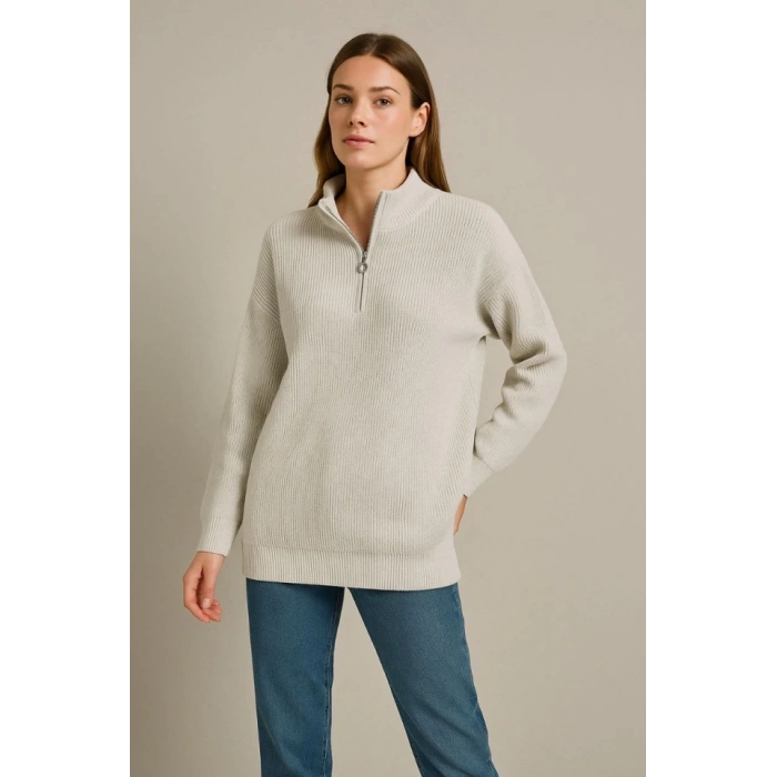 KADIN Yarım Fermuarlı Triko Kazak – elanik Örgü, Dik Yaka, Pamuklu Dokuma, Oversize Uzun Kollu Kışlık odel  Gri