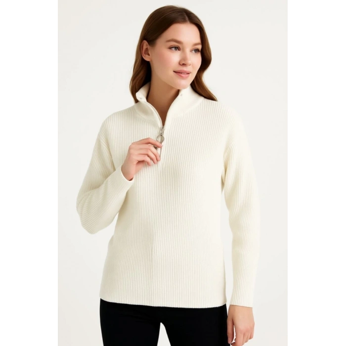 KADIN Yarım Fermuarlı Triko Kazak – elanik Örgü, Dik Yaka, Pamuklu Dokuma, Oversize Uzun Kollu Kışlık odel  Beyaz