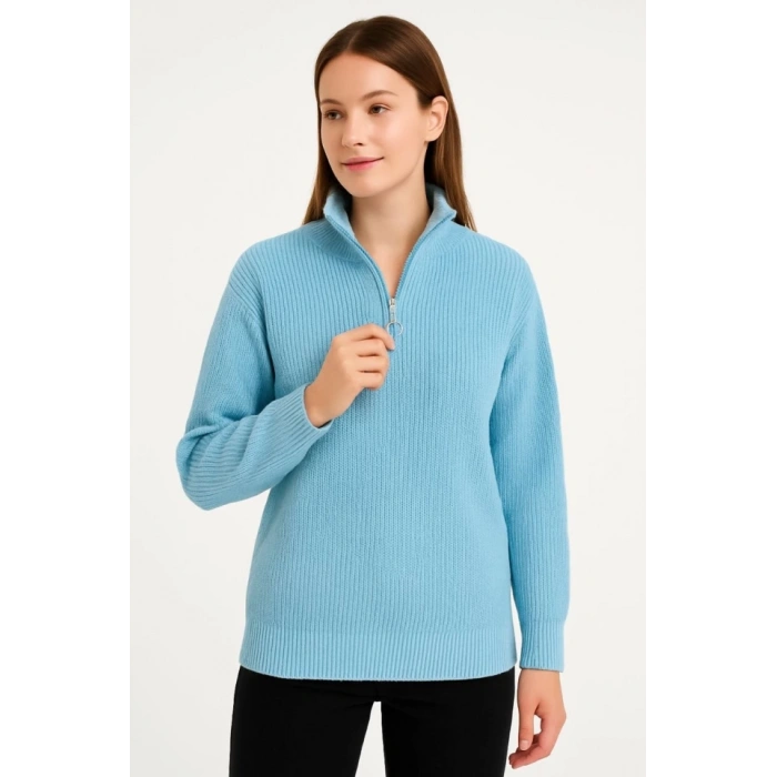 KADIN Yarım Fermuarlı Triko Kazak – elanik Örgü, Dik Yaka, Pamuklu Dokuma, Oversize Uzun Kollu Kışlık odel  Bebe avisi