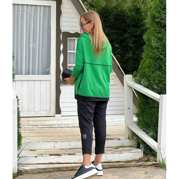 Kadın Yeşil Kapşonlu Etek Ucu Detay Arma Ters Dikiş Gorunumlu Ikili Takım