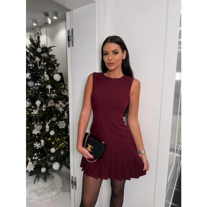 Kadın Yılbaşı özel Bisiklet Yaka Kolsuz Eteği Pileli ini Elbise