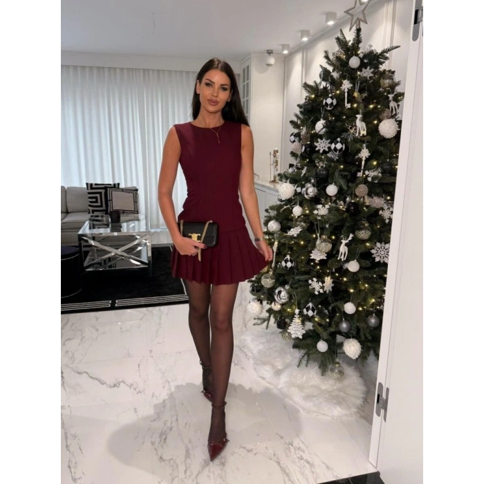 Kadın Yılbaşı özel Bisiklet Yaka Kolsuz Eteği Pileli ini Elbise