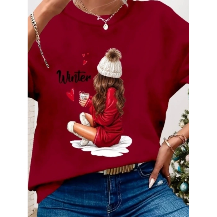 Kadın Yılbaşı özel Uzun Kollu Bisiklet Yaka Desenli Viskon Iki Iplik Bluz