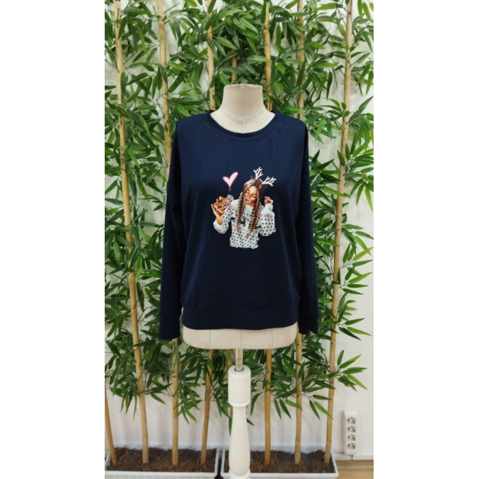 Kadın Yılbaşı özel Uzun Kollu Bisiklet Yaka Desenli Viskon Iki Iplik Bluz