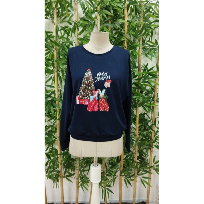 Kadın Yılbaşı Özel Uzun Kollu Bisiklet Yaka Viskon Iki Iplik Bluz