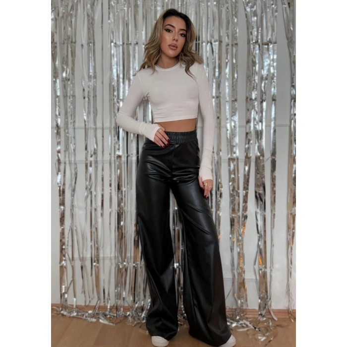 Kadın Yılbaşı özel Yüksek Bel Beli Lastikli Geniş Paçalı Deri Pantolon