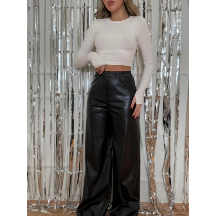Kadın Yılbaşı özel Yüksek Bel Beli Lastikli Geniş Paçalı Deri Pantolon