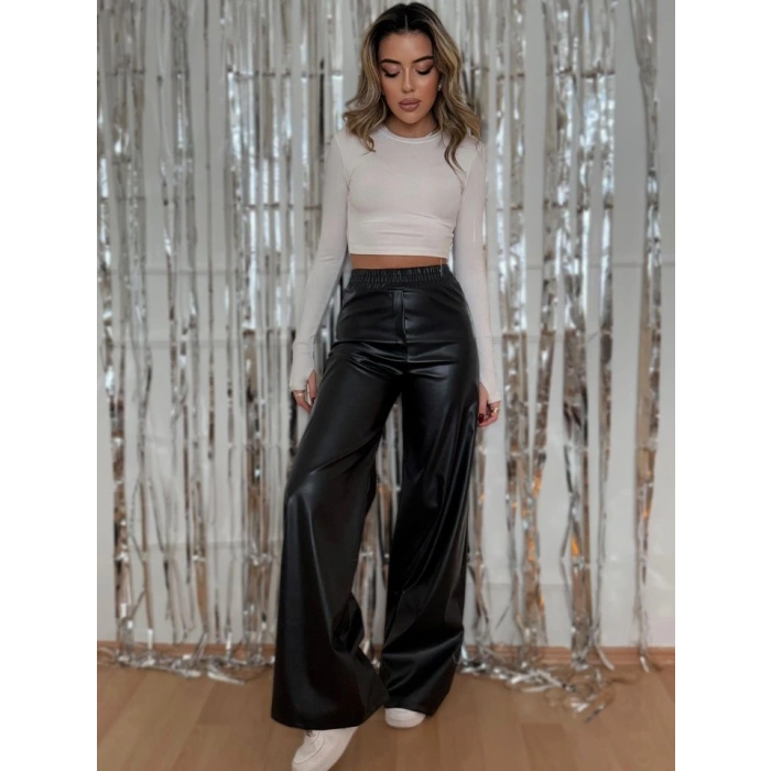 Kadın Yılbaşı özel Yüksek Bel Beli Lastikli Geniş Paçalı Deri Pantolon