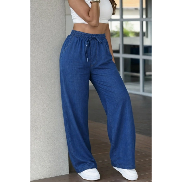 Kadın Yüksek Bel astikli Bağcıklı Kot Pantolon