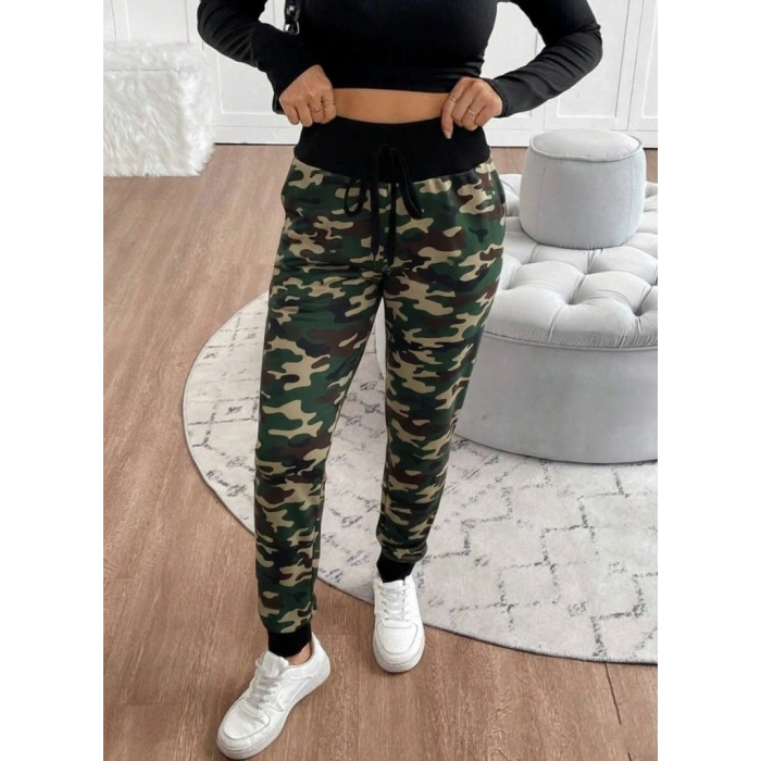 Kadın Yüksek Bel Bağcıklı Desenli Iki Iplik Pantolon