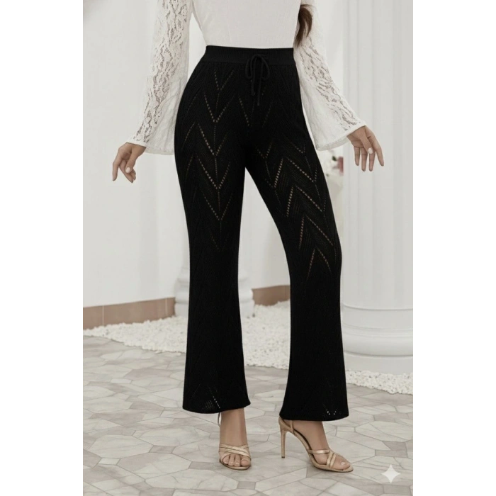 Kadın Yüksek Bel Bağcıklı Desenli Trikopantolon