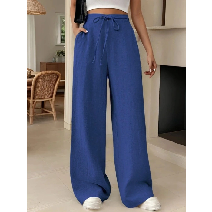 Kadın Yüksek Bel Bağcıklı Geniş Paçalı Uzun Bürümcük Pantolon