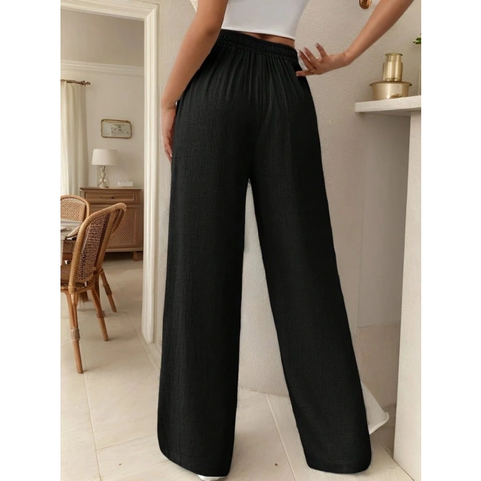 Kadın Yüksek Bel Bağcıklı Geniş Paçalı Uzun Bürümcük Pantolon