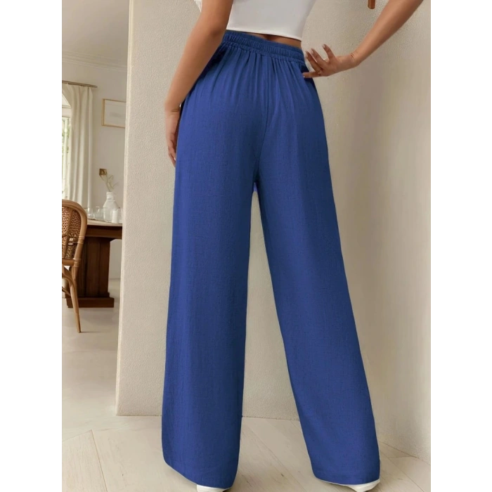 Kadın Yüksek Bel Bağcıklı Geniş Paçalı Uzun Bürümcük Pantolon