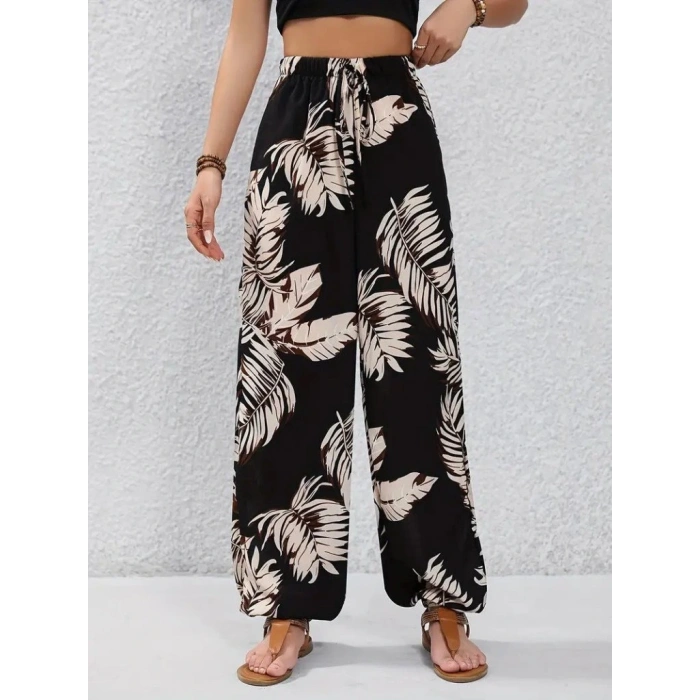 Kadın Yüksek Bel Bağcıklı Yaprak Desenli Süprem Pantolon