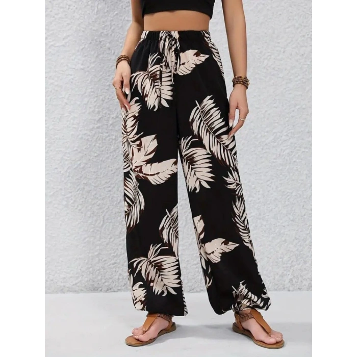 Kadın Yüksek Bel Bağcıklı Yaprak Desenli Süprem Pantolon