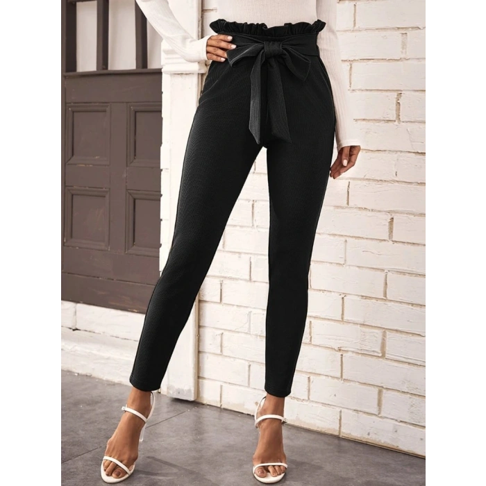 Kadın Yüksek Bel Beli Fırfırlı önden Bağlamalı Ithal Krep Pantolon