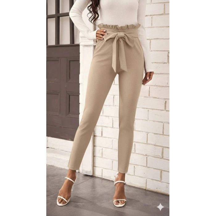 Kadın Yüksek Bel Beli Fırfırlı önden Bağlamalı Ithal Krep Pantolon