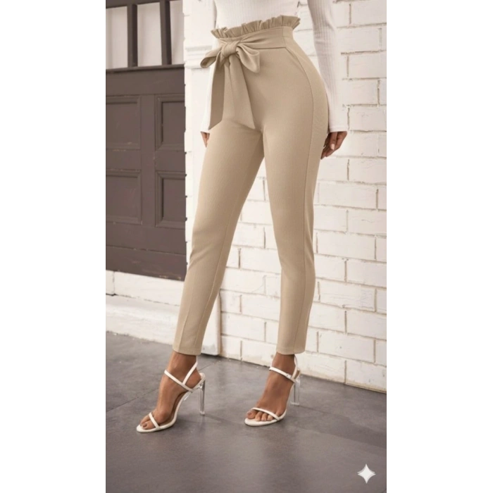 Kadın Yüksek Bel Beli Fırfırlı önden Bağlamalı Ithal Krep Pantolon